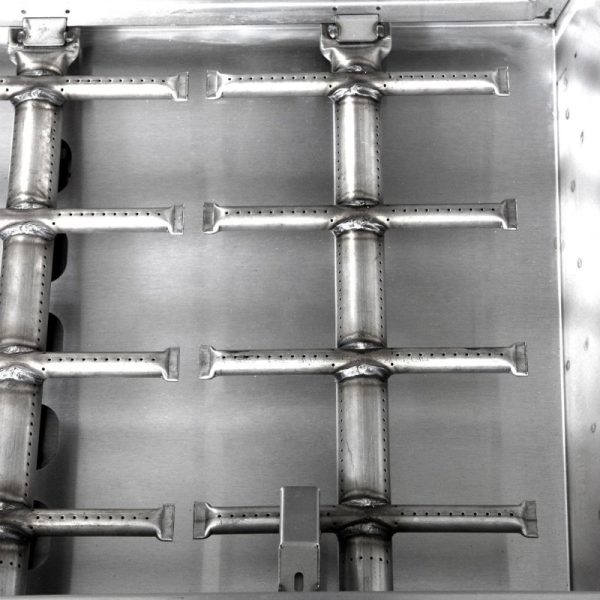 Stainless steel gas burner assembly for outdoor grill, featuring multiple burners with perforated tubes for even heat distribution.