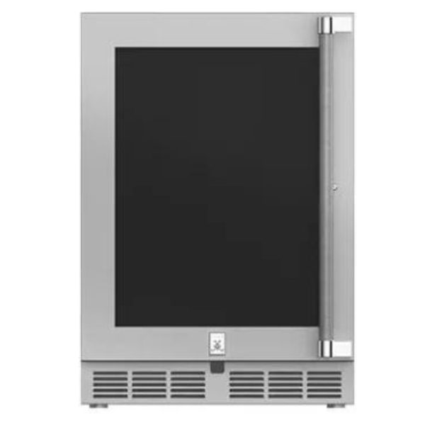 Stainless steel beverage cooler with a glass door, designed for efficient storage and display of drinks.