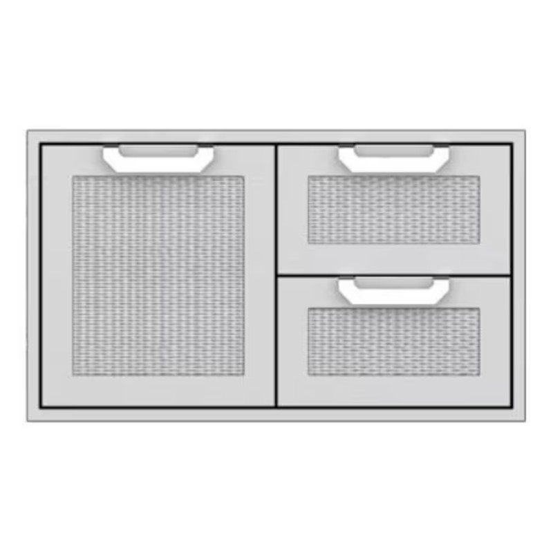 Modern white cabinet with three drawers featuring woven mesh fronts and sleek handles, ideal for stylish storage solutions.
