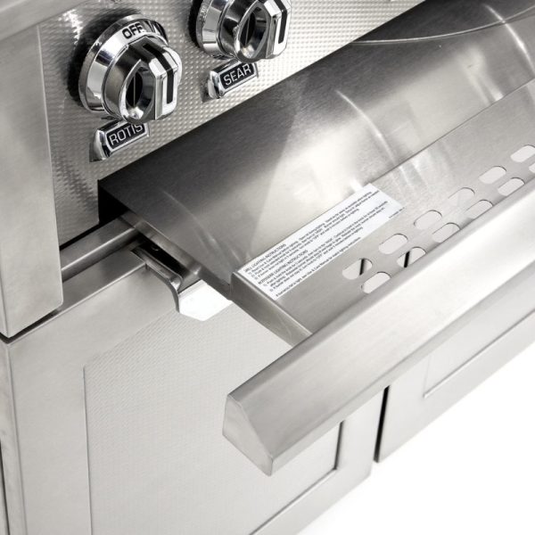 Stainless steel grill control panel featuring rotisserie and sear knobs, with a pull-out tray and safety instructions.