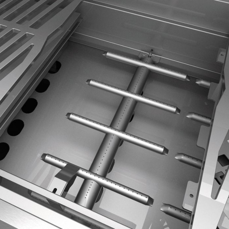 Stainless steel grill interior showcasing burners and cooking grates, designed for efficient heat distribution and durability.