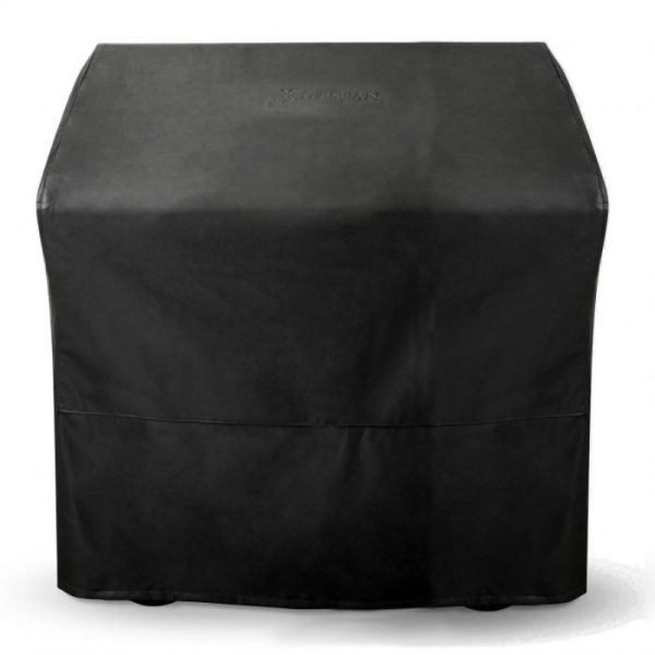 Black grill cover designed for protection against weather elements, featuring durable material and a sleek design. Ideal for outdoor grilling enthusiasts.