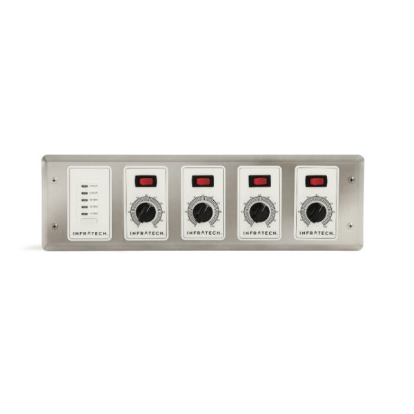 Infratech infrared heater control panel with four adjustable dials and a digital display for temperature settings.