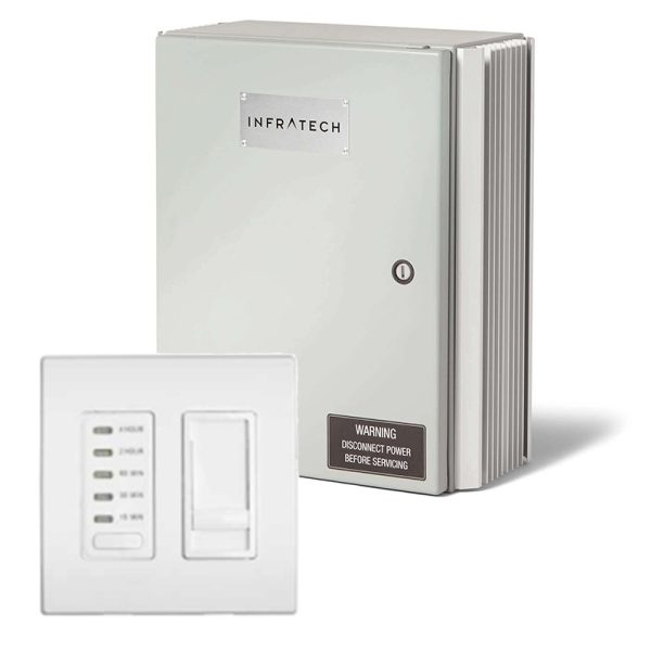 Infratech heating control panel and wall switch, designed for efficient infrared heating systems. Features a warning label for safety and multiple settings for temperature control.