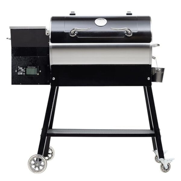 Black and silver pellet grill on wheels with a digital control panel and side shelf, ideal for outdoor cooking and barbecuing.