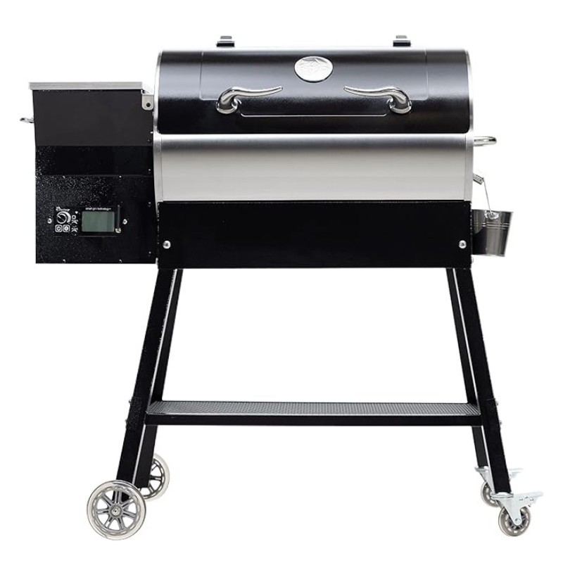 Black and silver pellet grill on wheels with a digital control panel and side shelf, ideal for outdoor cooking and barbecuing.