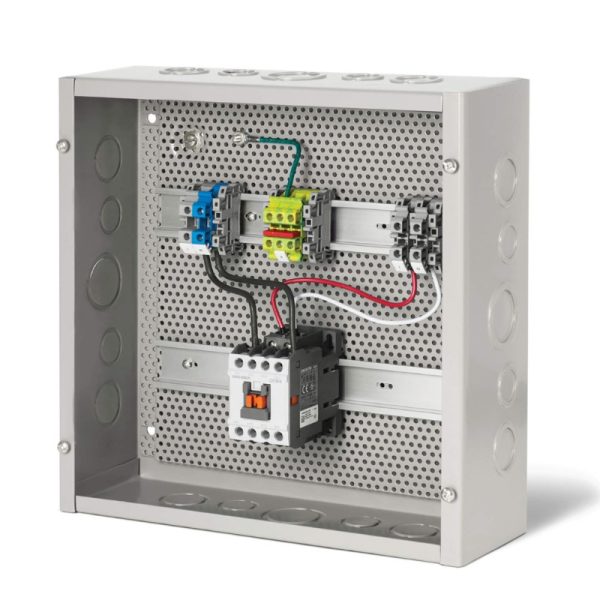 Electrical control panel with circuit breakers and terminal blocks mounted on a perforated metal backplate, designed for efficient wiring and organization.