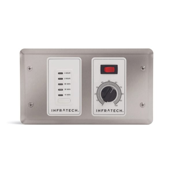 Infratech control panel with timer settings for 15 minutes to 4 hours and adjustable heat control dial.