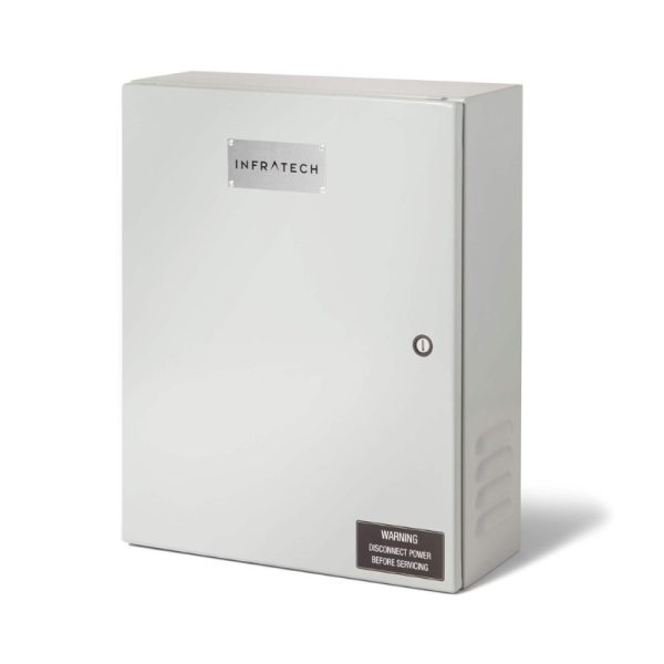 Infratech electrical control box with warning label for safe servicing. Ideal for outdoor heating systems.