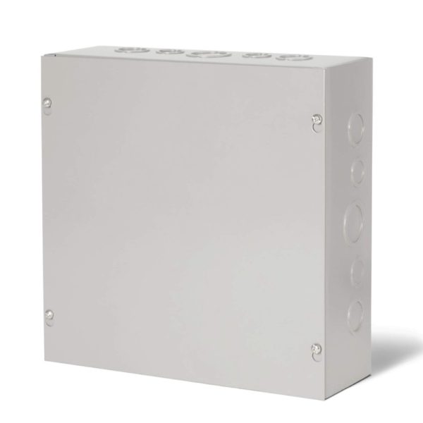 Metal electrical junction box with multiple conduit knockouts and a smooth, gray finish, designed for safe electrical connections.