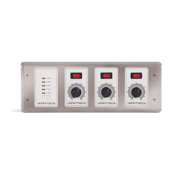 Infratech infrared heater control panel with three adjustable dials and a digital timer display for precise temperature management.