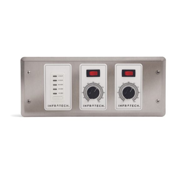 Infratech stainless steel control panel with timer and temperature dials for infrared heaters.