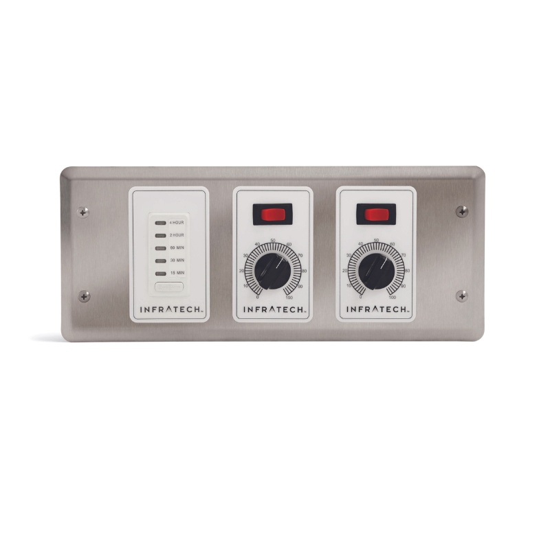 xr:d:DAFf_sFnEFE:64,j:7073295204683927408,t:23053119 Infratech stainless steel control panel with timer and temperature dials for infrared heaters.
