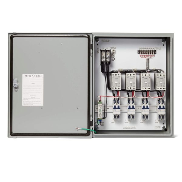 Infratech electrical control panel showcasing wiring, relays, and labeled zones for efficient heating management.