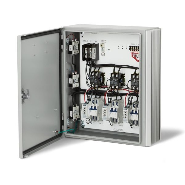 Electrical control panel with open door, featuring circuit breakers, relays, and wiring for industrial applications.
