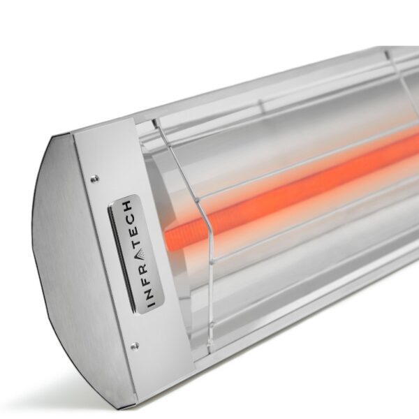 Infrared heater with stainless steel design and glowing heating element, ideal for outdoor and indoor heating solutions.