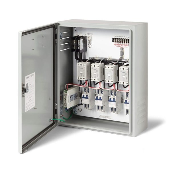 Electrical control panel with multiple circuit breakers and wiring connections, designed for efficient power management and safety.