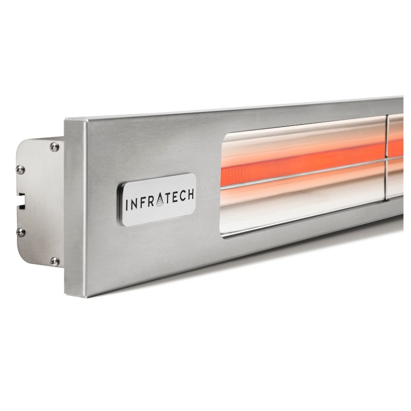 Infratech infrared heater with a sleek stainless steel design, featuring an illuminated heating element. Ideal for outdoor patios and heating spaces efficiently.