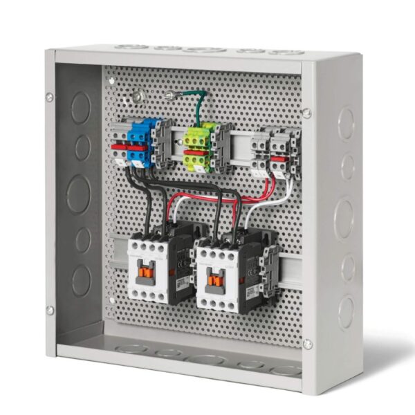 Electrical control panel with circuit breakers and terminal blocks mounted on a perforated metal backplate, showcasing organized wiring.