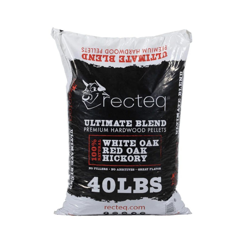 07d43686-0e11-40eb-9141-79cf936dd1bc.jpg 40-pound bag of recteq Ultimate Blend premium hardwood pellets, made from 100% natural white oak, red oak, and hickory, designed for superior flavor in grilling and smoking.