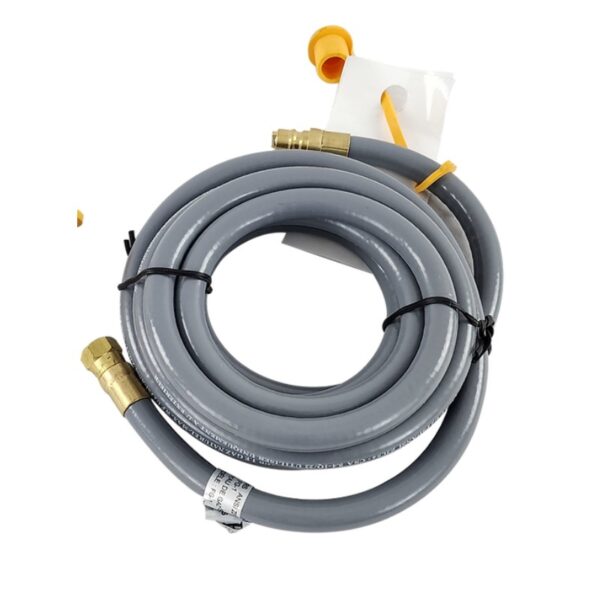 Gray flexible hose with brass connectors, suitable for various plumbing and irrigation applications.