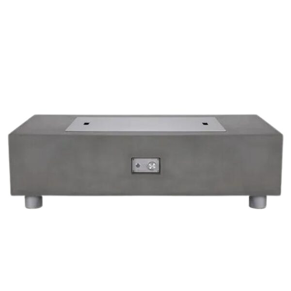 Modern concrete fire pit table with stainless steel burner, featuring a sleek design and adjustable controls. Ideal for outdoor gatherings and enhancing patio aesthetics.