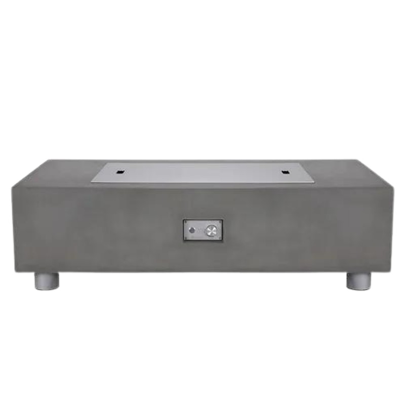 Modern concrete fire pit table with stainless steel burner, featuring a sleek design and adjustable controls. Ideal for outdoor gatherings and enhancing patio aesthetics.