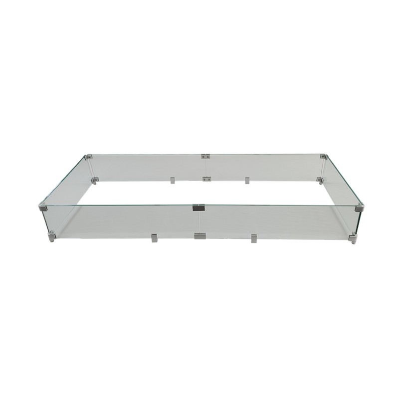 Rectangular glass coffee table with stainless steel accents, featuring a minimalist design ideal for modern living spaces.