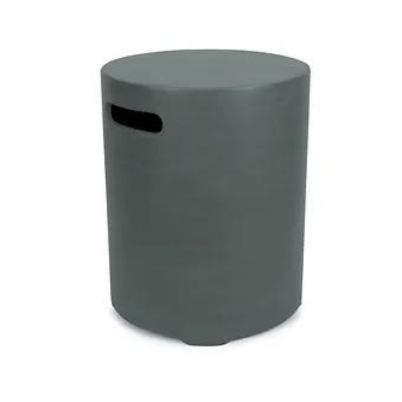 Modern round gray side table with a minimalist design and cut-out handles for easy mobility. Ideal for indoor or outdoor use.