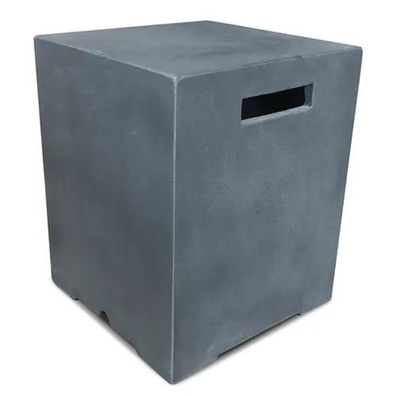 Gray concrete storage cube with cut-out handle, suitable for indoor or outdoor use.