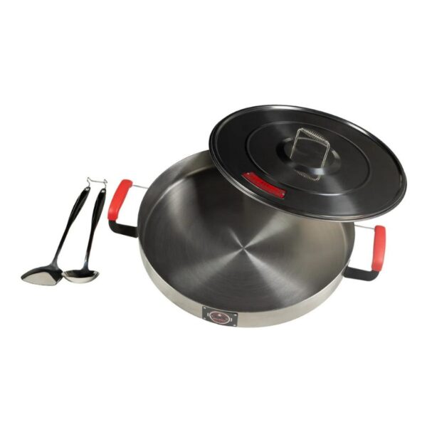 Stainless steel cooking pot with lid and red handles, accompanied by two black serving utensils. Ideal for versatile cooking and serving.