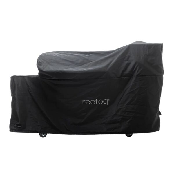 Recteq grill cover in black, designed for weather protection and durability, featuring a sleek design and logo. Ideal for outdoor grilling enthusiasts.