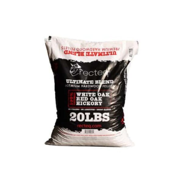 20-pound bag of Recteq Ultimate Blend premium hardwood pellets made from white oak, red oak, and hickory, ideal for grilling and smoking.