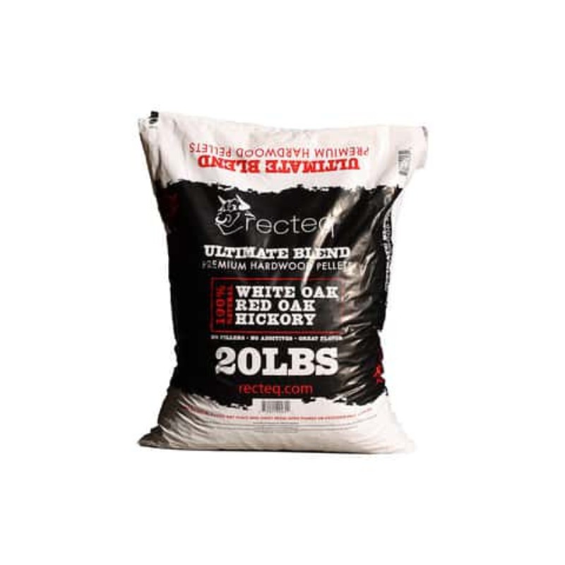 20-pound bag of Recteq Ultimate Blend premium hardwood pellets made from white oak, red oak, and hickory, ideal for grilling and smoking.