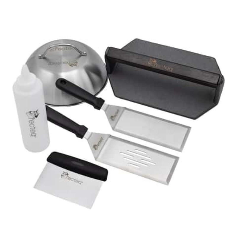 Griddle cooking tool set including a stainless steel dome, spatulas, scraper, and squeeze bottle for enhanced grilling and cooking efficiency.