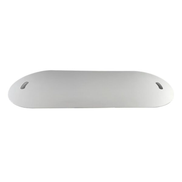 White, oval-shaped cutting board with handles, ideal for food preparation and serving. Durable material designed for easy cleaning and maintenance.