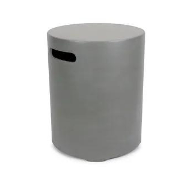 Modern gray cylindrical side table with a smooth surface and cut-out handle for easy mobility. Ideal for contemporary living spaces or outdoor settings.