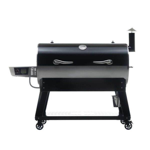 Black and silver pellet grill with digital control panel, side shelves, and wheels for mobility. Ideal for outdoor cooking and smoking.