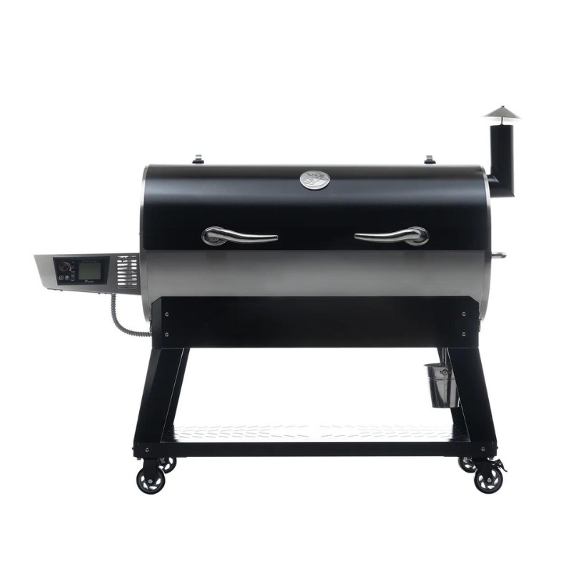 Black and silver pellet grill with digital control panel, side shelves, and wheels for mobility. Ideal for outdoor cooking and smoking.
