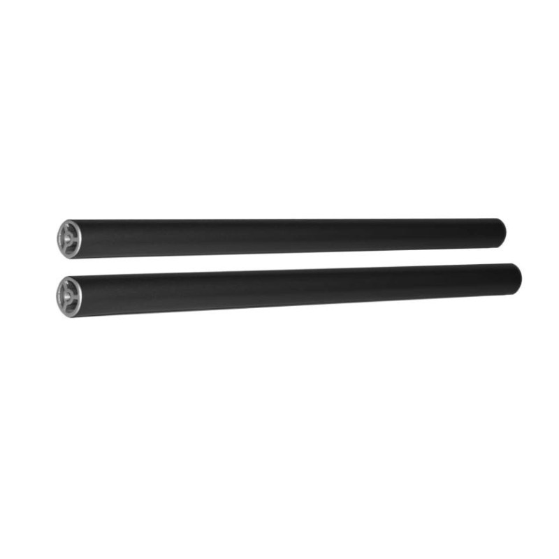 Black rubber-coated weightlifting bars with metal ends, ideal for strength training and fitness workouts.