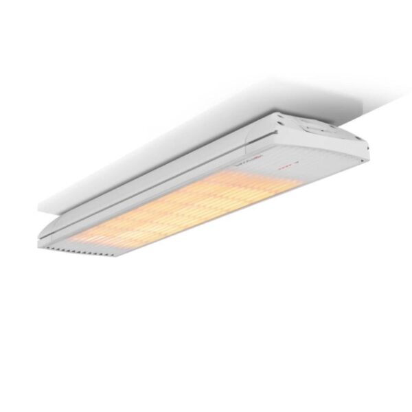 Modern ceiling-mounted infrared heater with a sleek white design, providing efficient heating for indoor spaces.