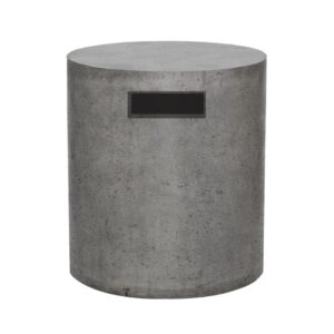 Concrete cylindrical side table with a minimalist design and a black accent panel. Ideal for modern home decor and outdoor use.