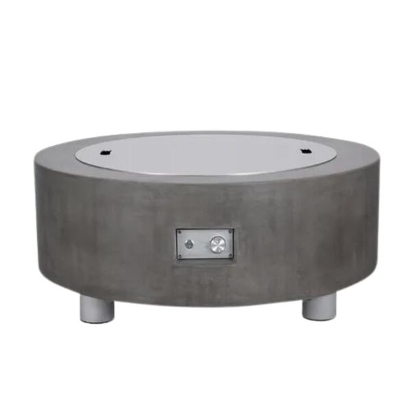 Modern circular concrete fire pit with a white inner bowl and control panel, ideal for outdoor gatherings.