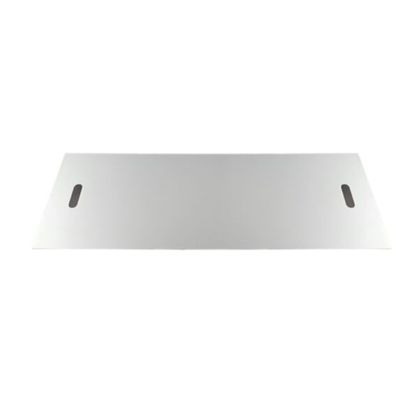 Stainless steel countertop with two cut-out handles, ideal for kitchen or workspace use.