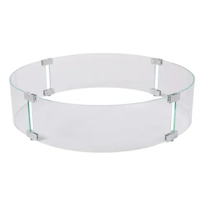 Clear glass fire pit screen with metal connectors, designed to enhance outdoor safety and aesthetics.