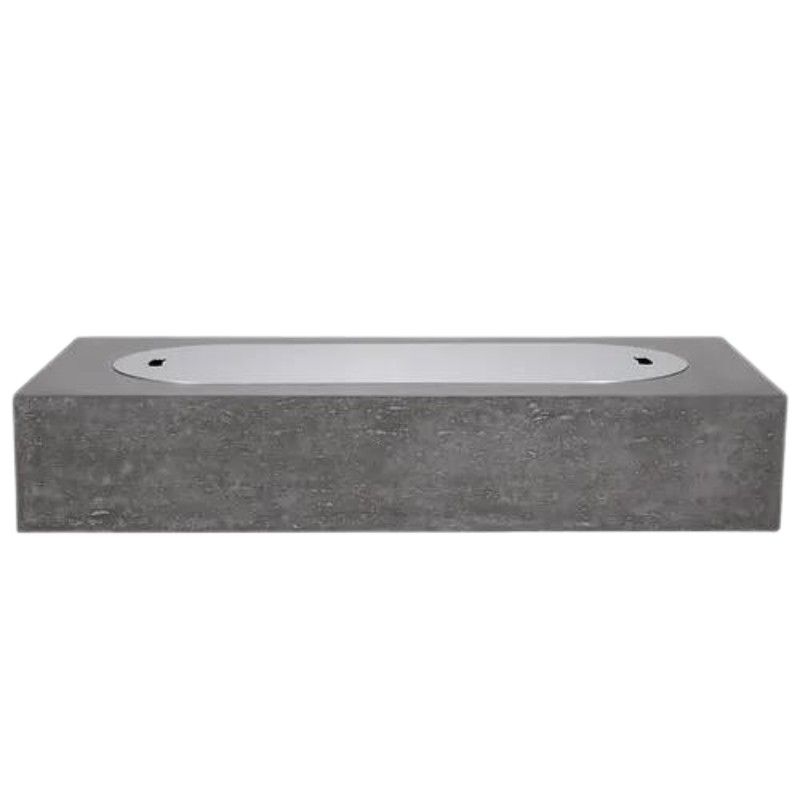 Modern rectangular concrete bathtub with a sleek white interior, ideal for contemporary bathrooms.