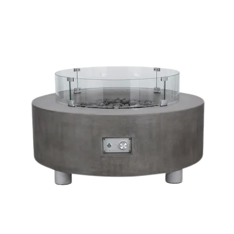 Modern round concrete fire pit with glass guard and lava rocks, ideal for outdoor gatherings and ambiance.
