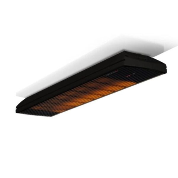 Infrared ceiling heater with a sleek black design and orange heating elements, ideal for efficient indoor heating.