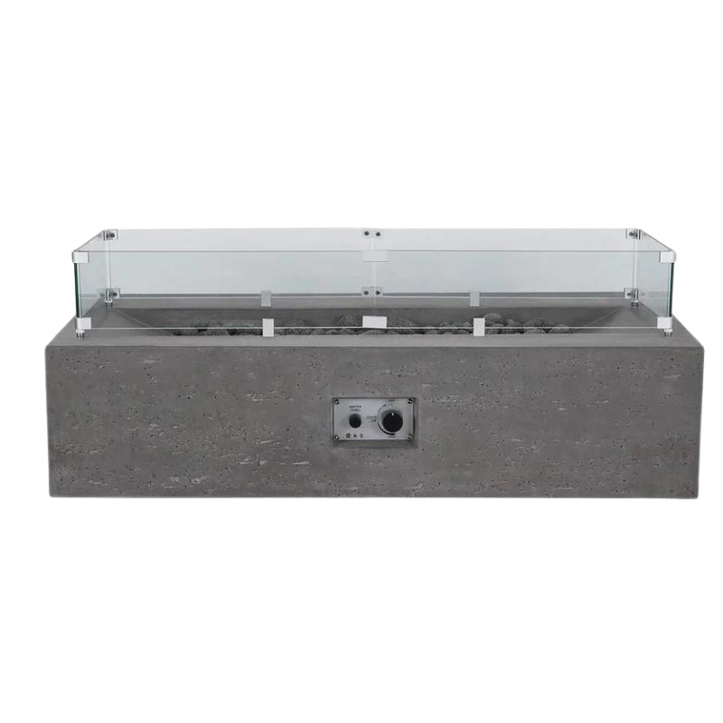 Modern concrete fire pit with glass wind guard and control panel, ideal for outdoor spaces.