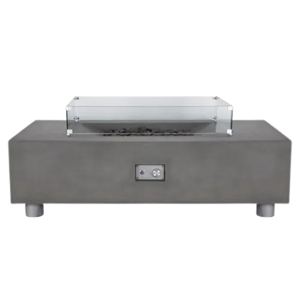 Modern outdoor gas fire pit table with glass guard and decorative stones, featuring a sleek concrete design and control panel.
